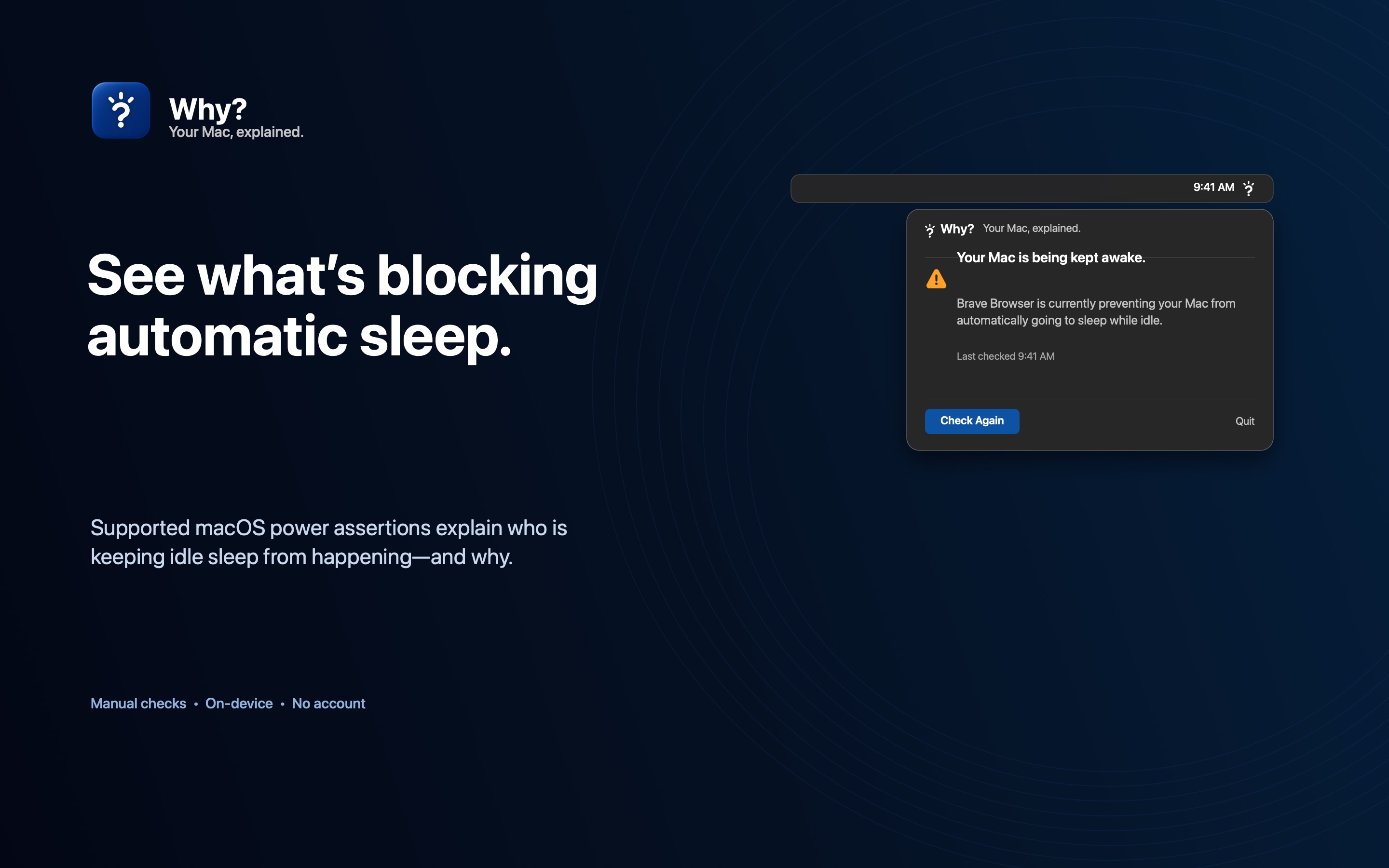 Why? showing a browser preventing automatic sleep while the Mac is idle.